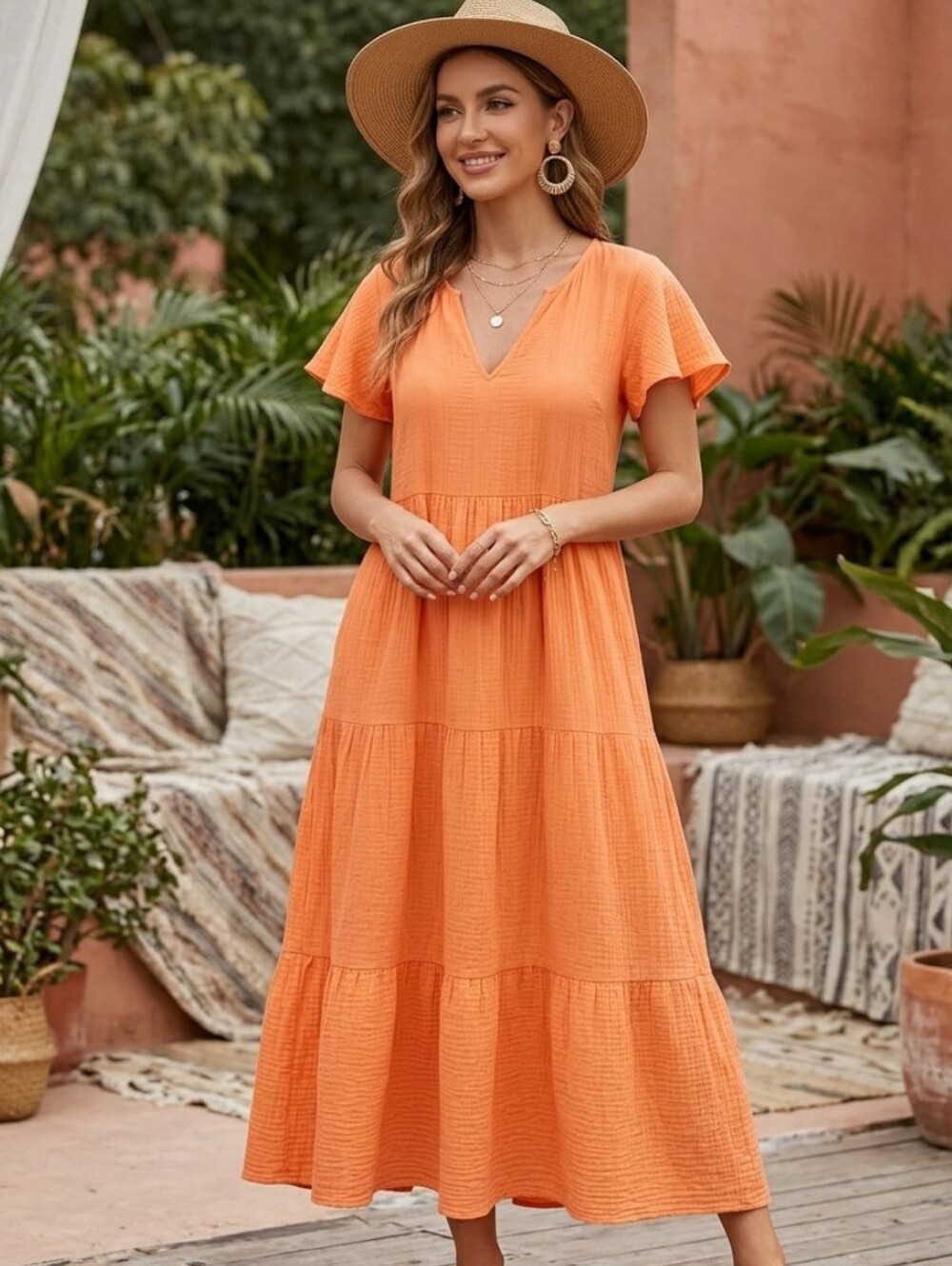 Oliphant Orange Crinkle Gauze V-Neck Tiered Maxi Dress Flutter Sleeve Medium